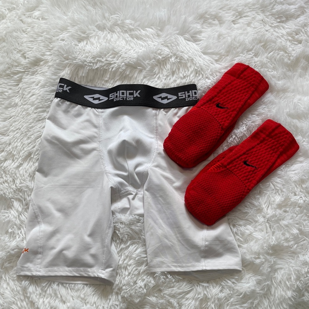 White Compression Shorts and Red Nike Socks Set